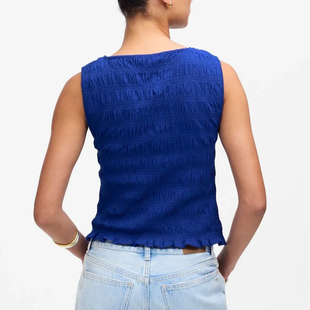 Madewell Smocked Cotton Linen Blend Ruffle Hem Boatneck Tank Blue Size S NWT - Picture 2 of 8